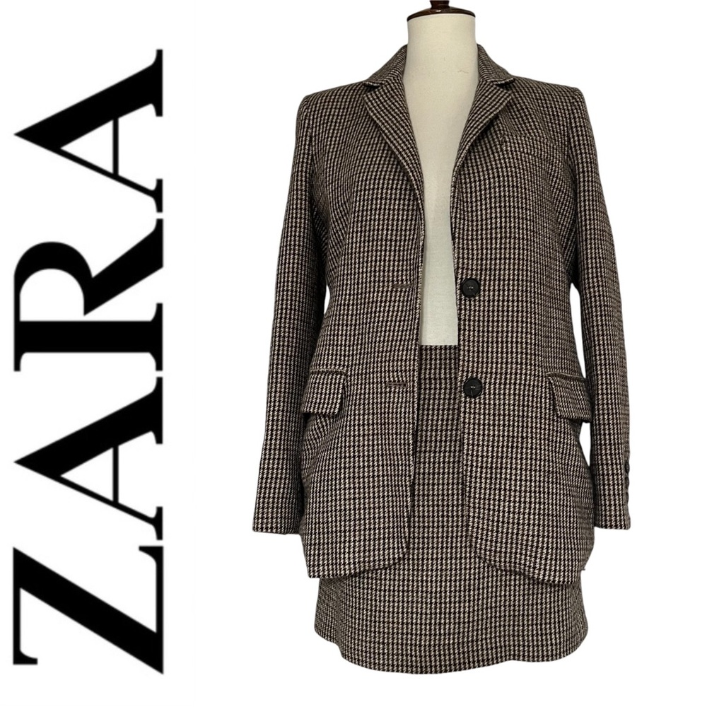 Zara Two Piece Blazer Jacket Skirt Suit Set Houndstooth Brown Tan Size XS